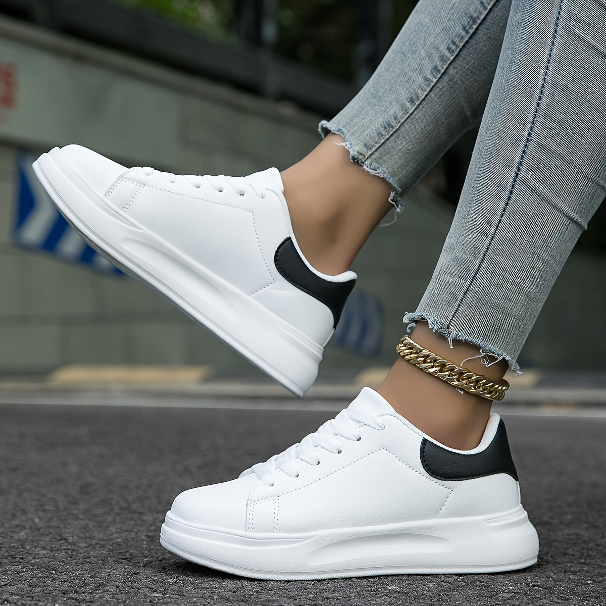 Women's Faux Leather White Sneakers – Minimalist Low-Top Design for All-Day Comfort