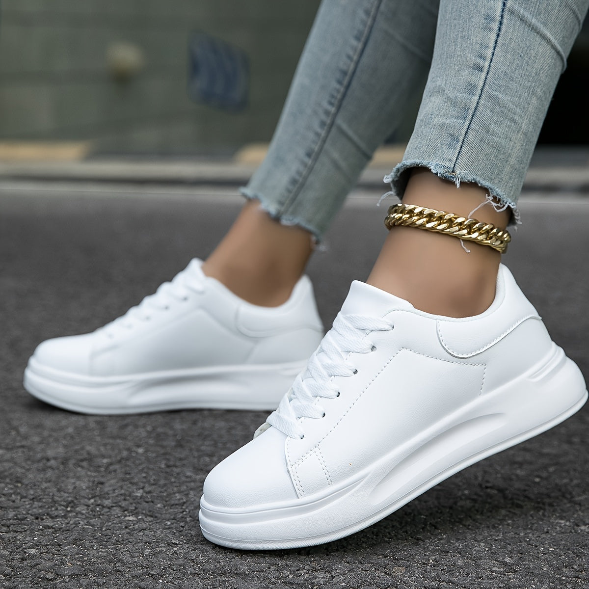 Women's Faux Leather White Sneakers – Minimalist Low-Top Design for All-Day Comfort