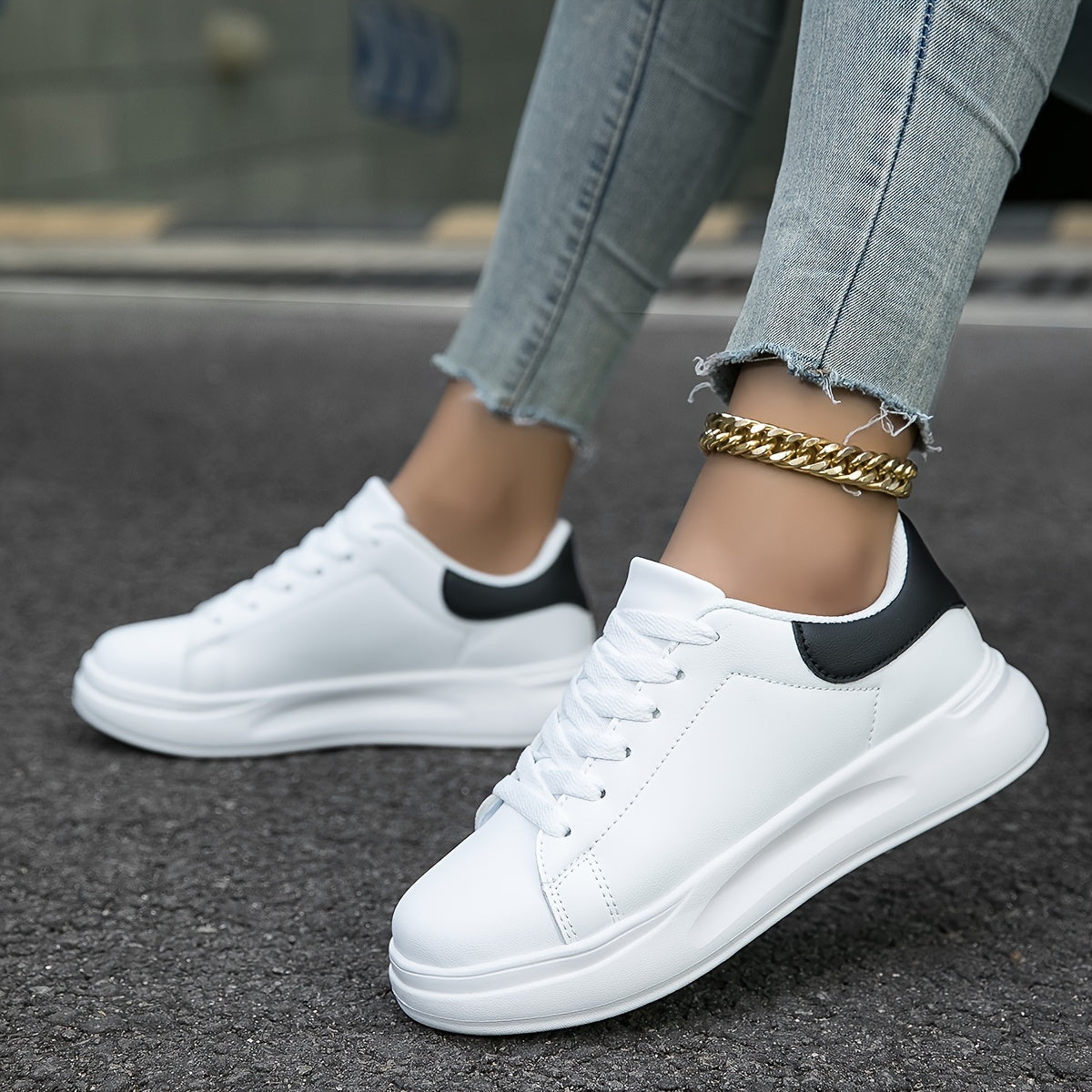 Women's Faux Leather White Sneakers – Minimalist Low-Top Design for All-Day Comfort