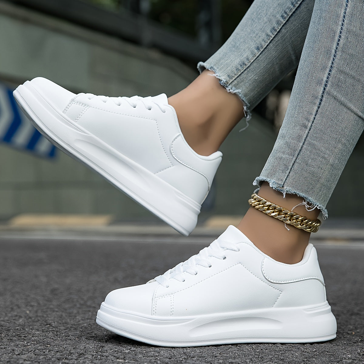 Women's Faux Leather White Sneakers – Minimalist Low-Top Design for All-Day Comfort