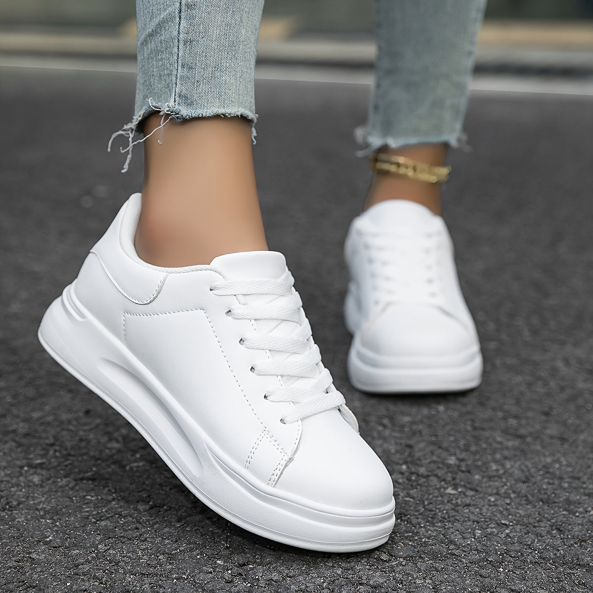 Women's Faux Leather White Sneakers – Minimalist Low-Top Design for All-Day Comfort