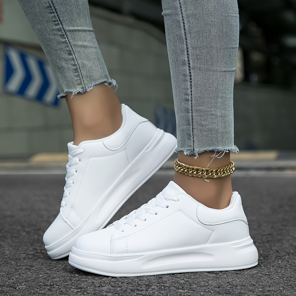 Women's Faux Leather White Sneakers – Minimalist Low-Top Design for All-Day Comfort