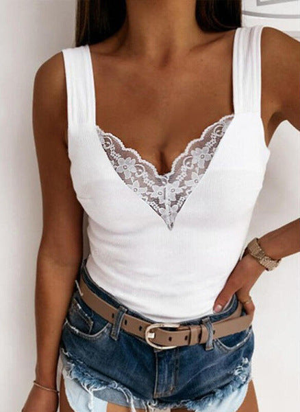 Women's Fitted Sleeveless Lace V-Neck Top – Lightweight Casual Summer Wear