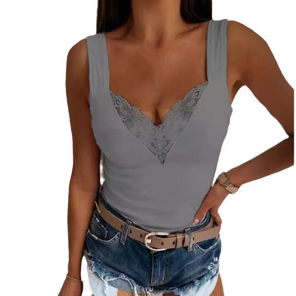 Women's Fitted Sleeveless Lace V-Neck Top – Lightweight Casual Summer Wear