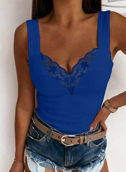 Women's Fitted Sleeveless Lace V-Neck Top – Lightweight Casual Summer Wear