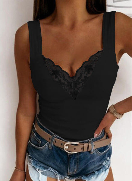 Women's Fitted Sleeveless Lace V-Neck Top – Lightweight Casual Summer Wear