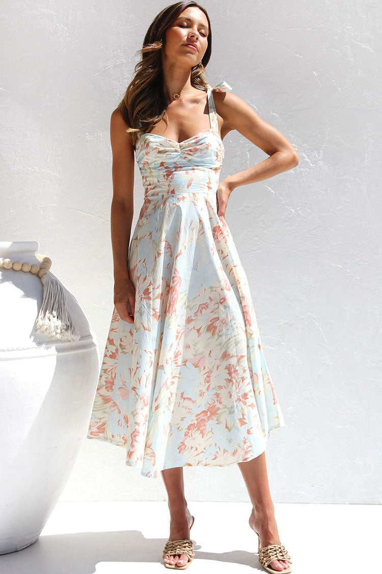 Women's Floral Midi Dress Light Blue Cotton Summer Dress