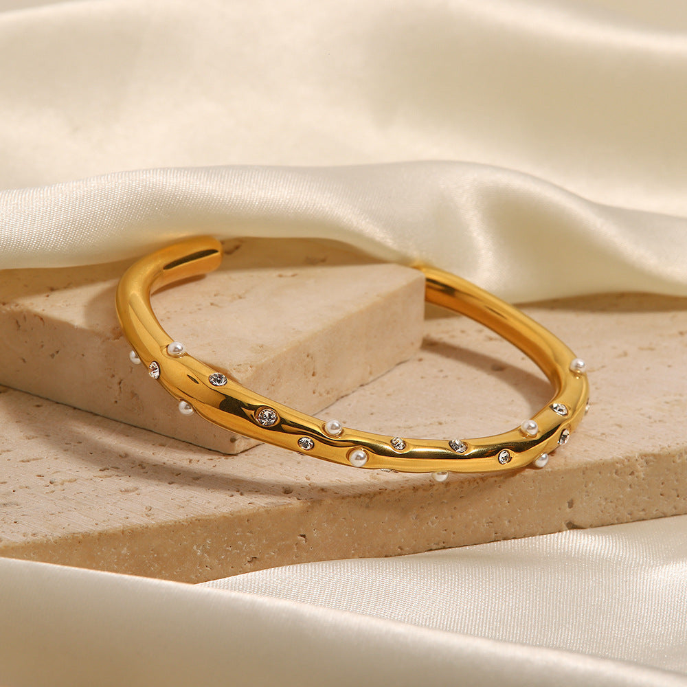 Women's Gold Bangle 18k Stainless Steel with Diamonds and Pearls
