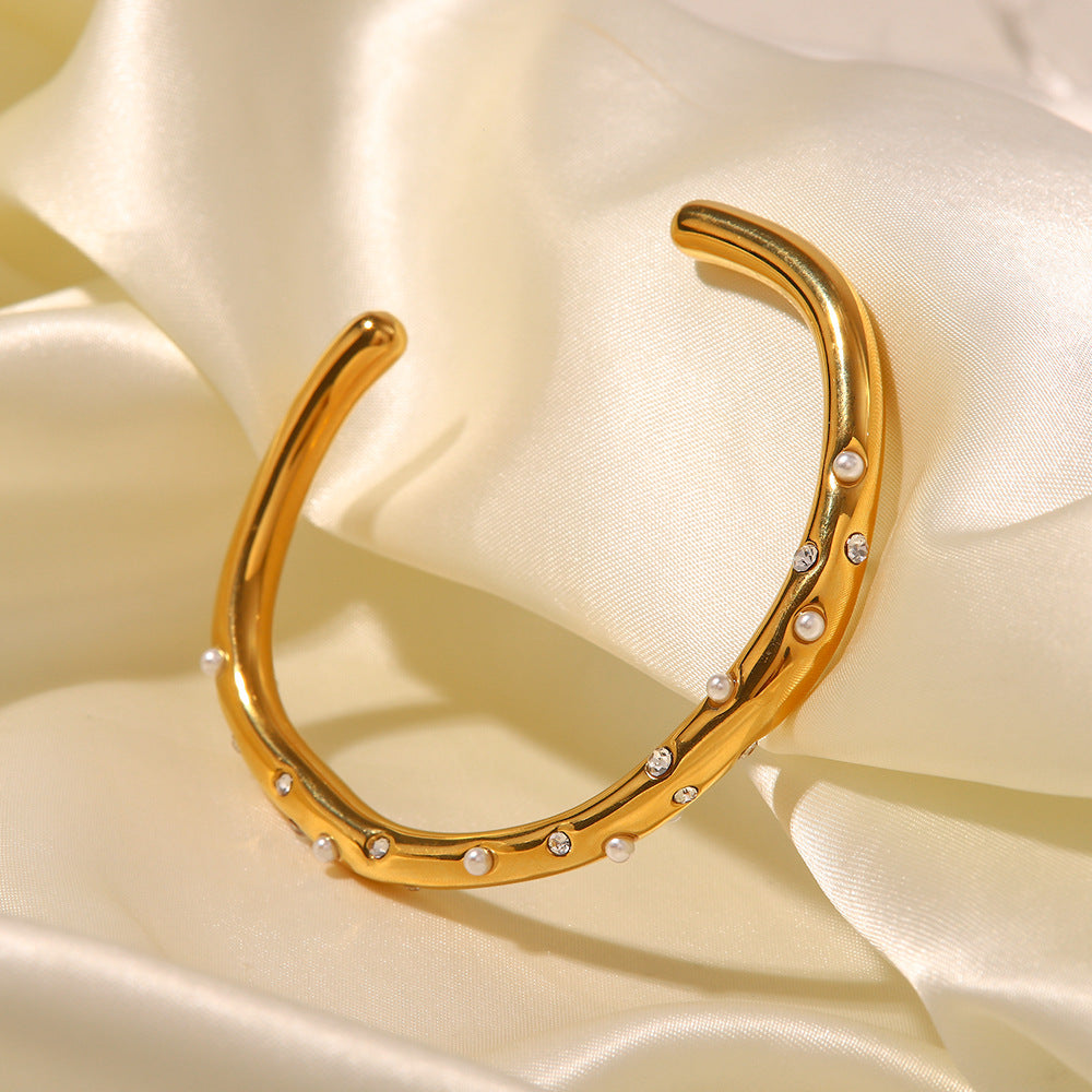 Women's Gold Bangle 18k Stainless Steel with Diamonds and Pearls