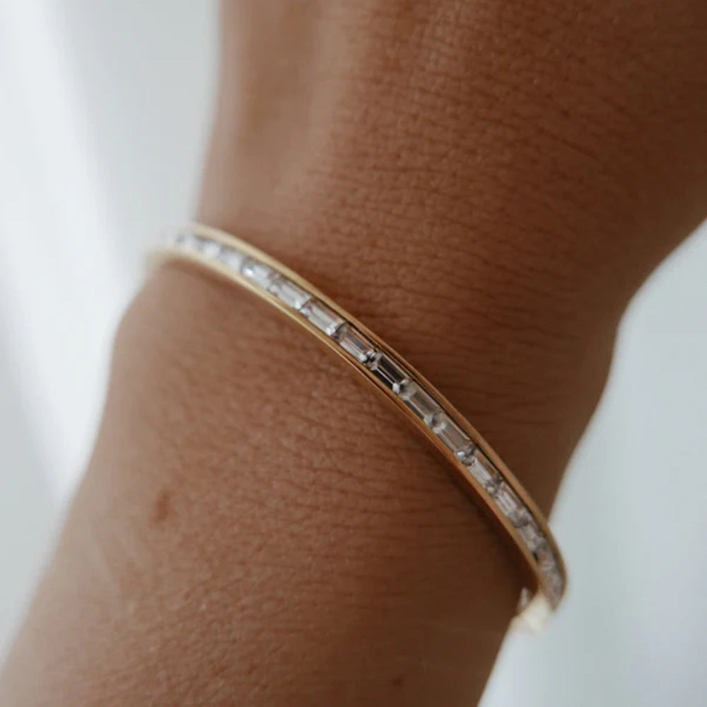 Women's Gold Bangle Bracelet with Diamond Simulants Stainless Steel