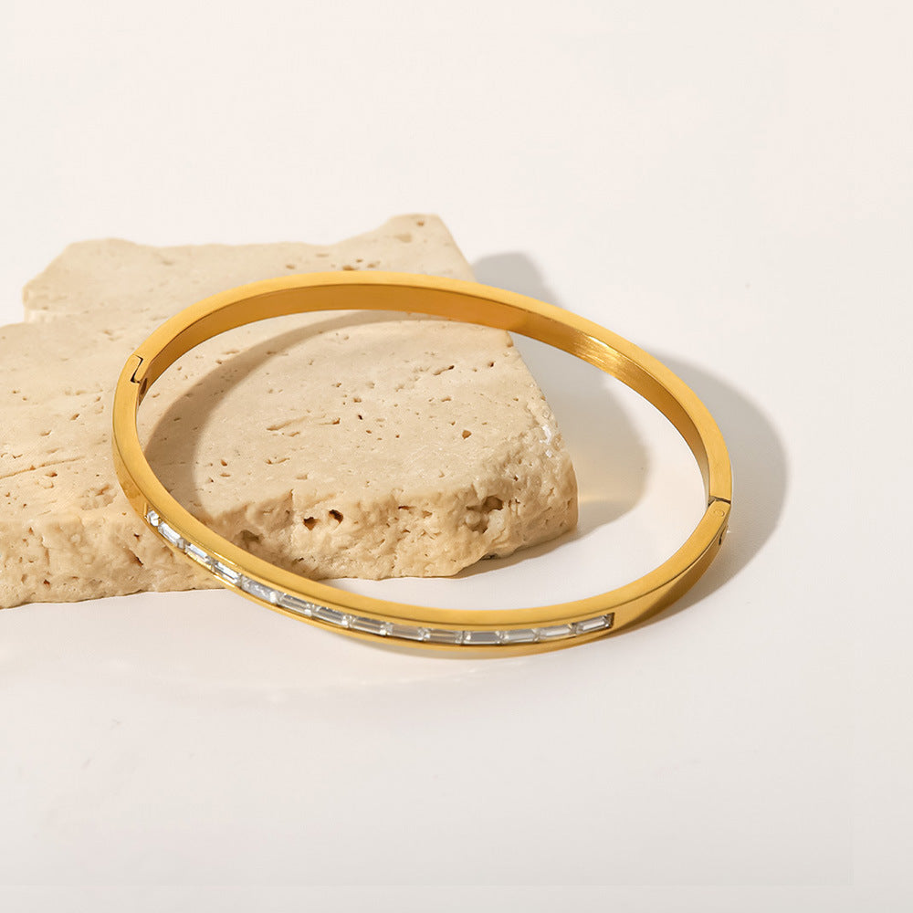 Women's Gold Bangle Bracelet with Diamond Simulants Stainless Steel