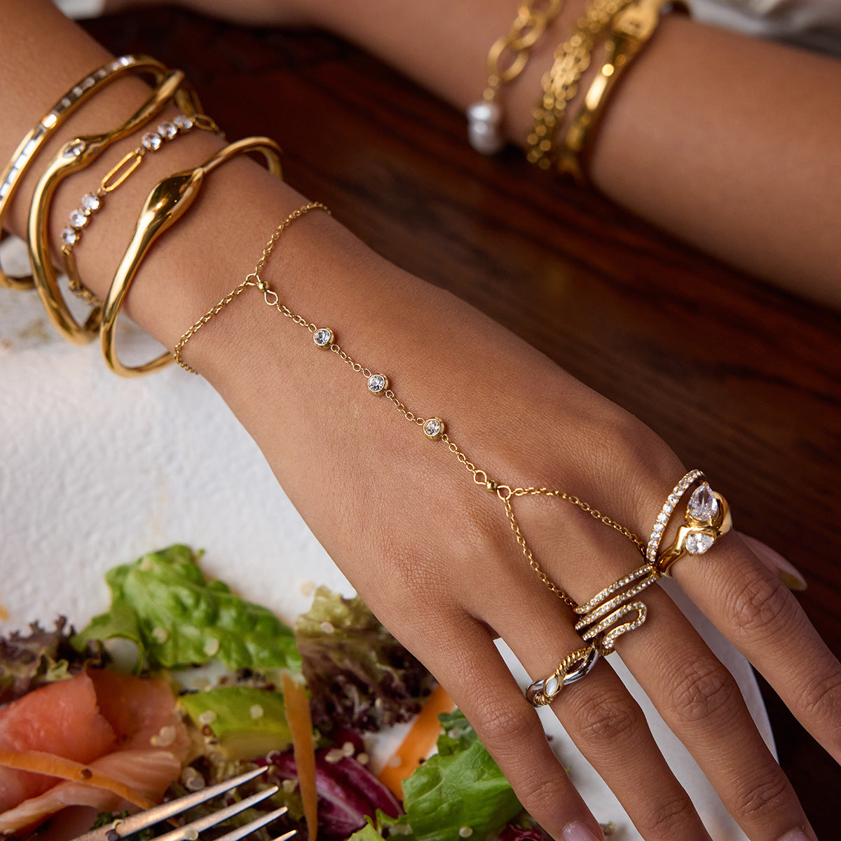 Women's Gold Bangle Bracelet with Diamond Simulants Stainless Steel