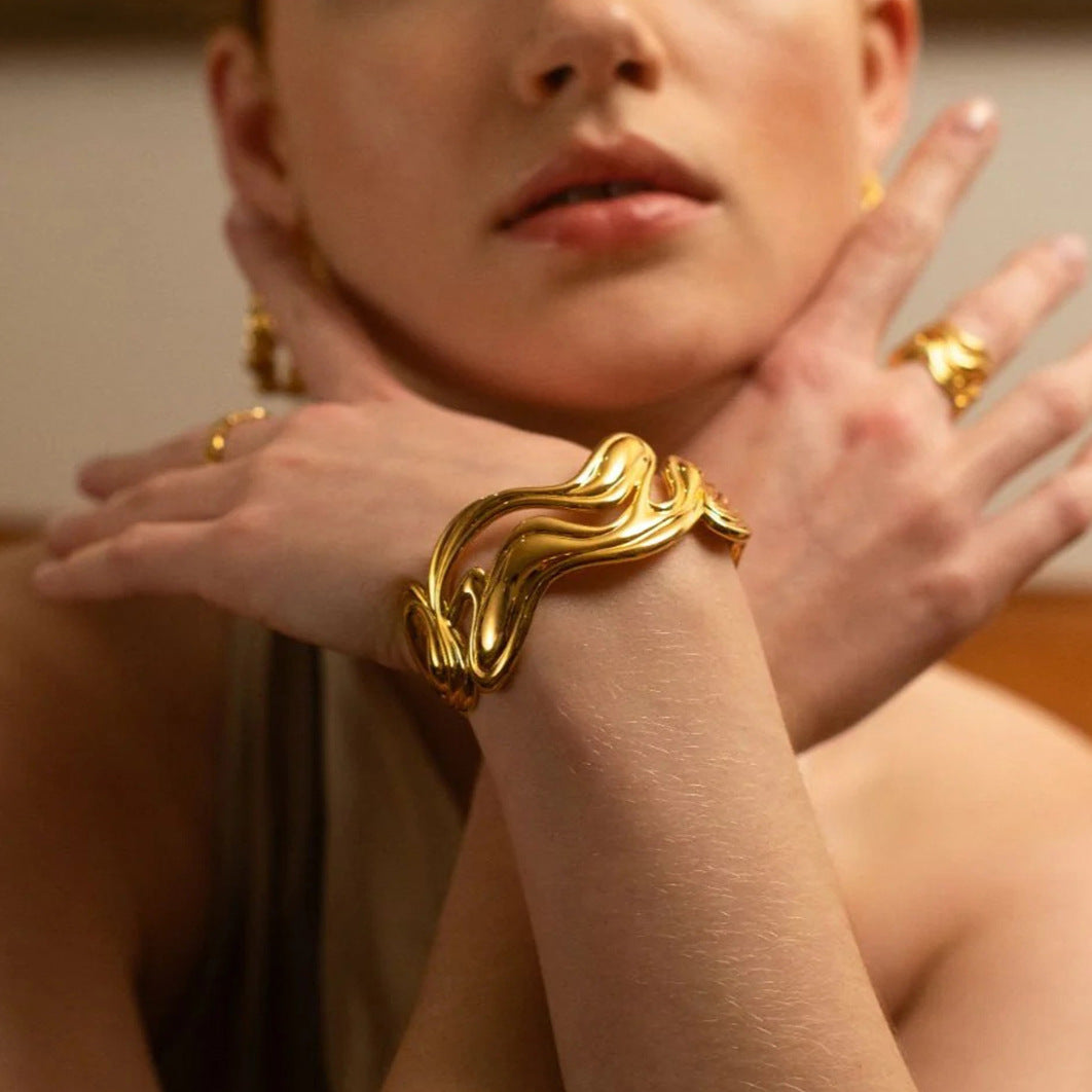 Women's Gold Bracelet Stainless Steel Open-Ended Wavy Design