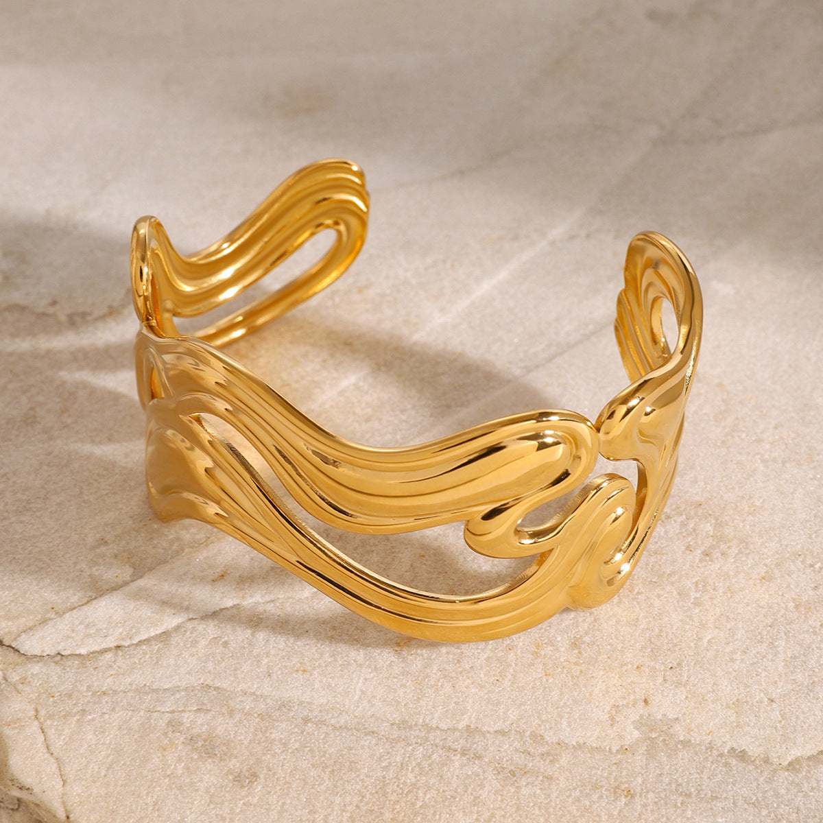 Women's Gold Bracelet Stainless Steel Open-Ended Wavy Design