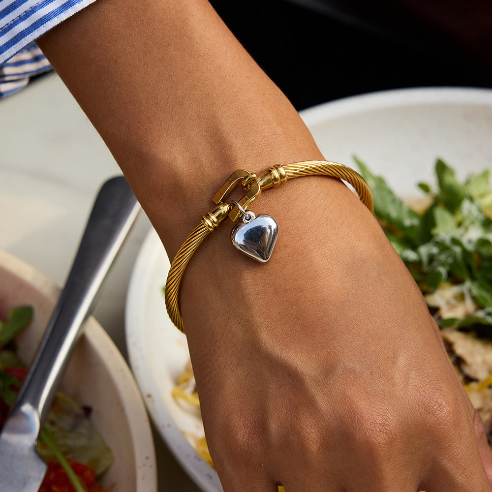 Women's Gold Bracelet with Silver Heart Charm Stainless Steel