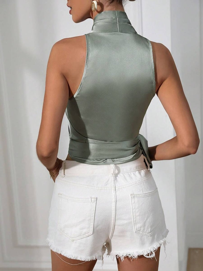 Women's Halter Neck Wrap Top with Tie Waist – Elegant Sleeveless Silky Blouse