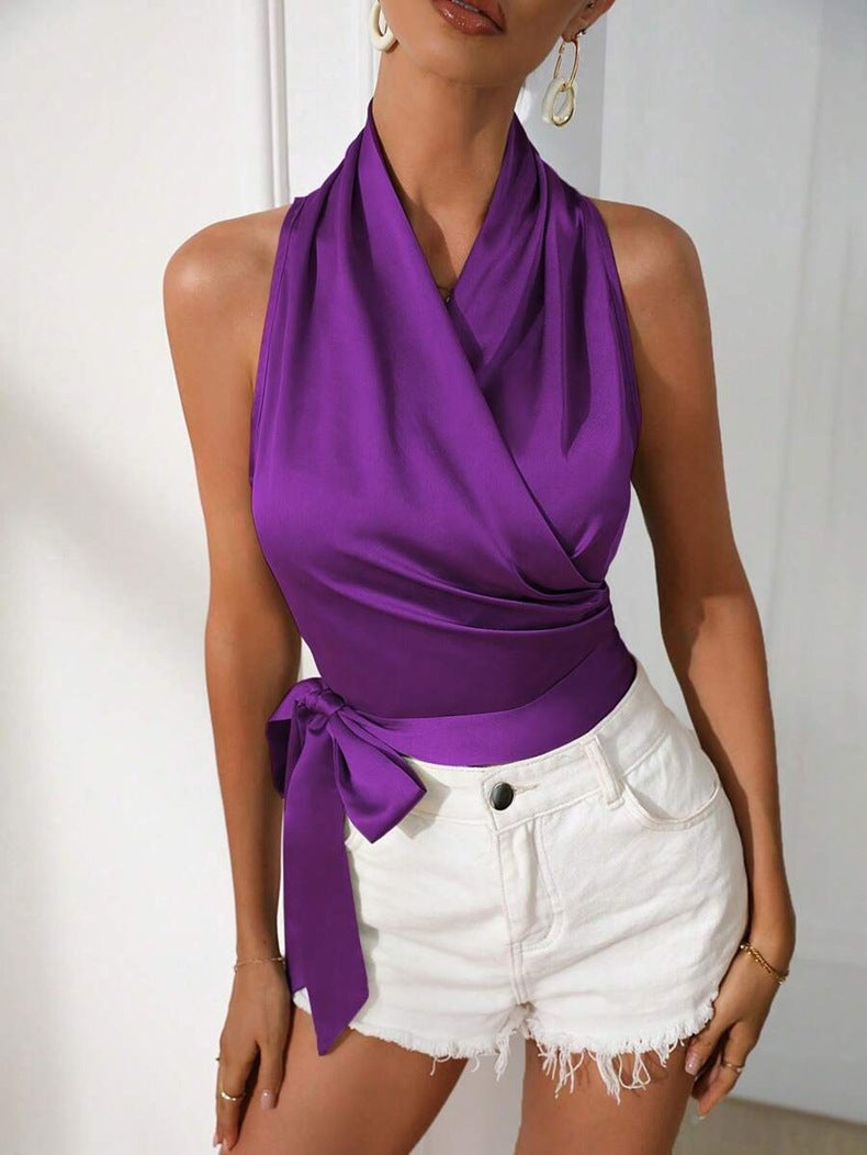 Women's Halter Neck Wrap Top with Tie Waist – Elegant Sleeveless Silky Blouse