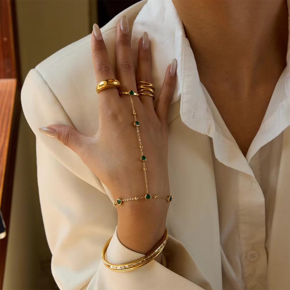 Women's Hand Chain Emerald Stainless Steel-Plated 18k Gold