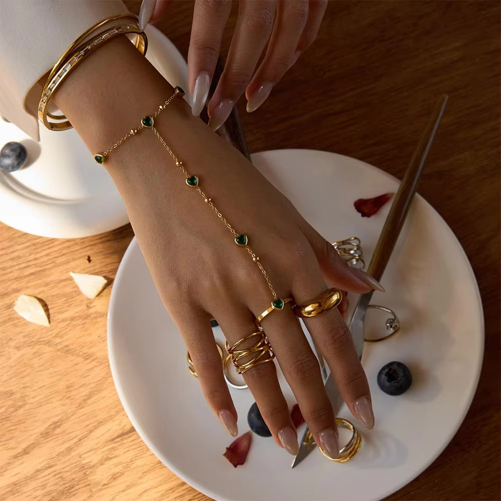 Women's Hand Chain Emerald Stainless Steel-Plated 18k Gold