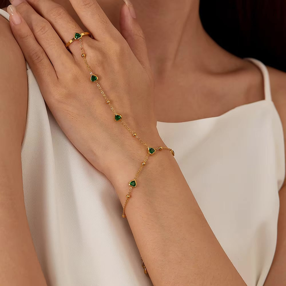 Women's Hand Chain Emerald Stainless Steel-Plated 18k Gold