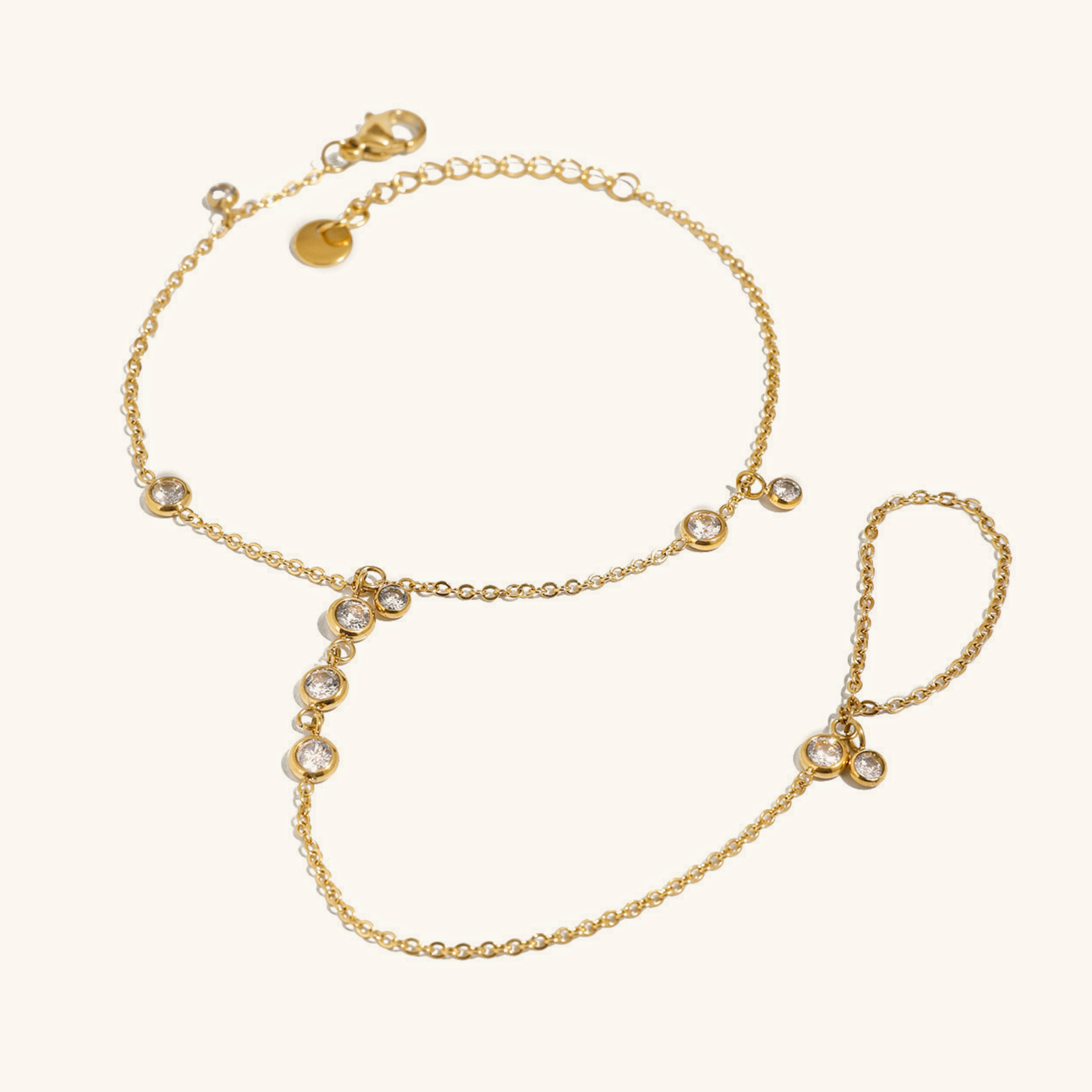 Women's Hand Chain Gold Stainless Steel with Diamond Accents