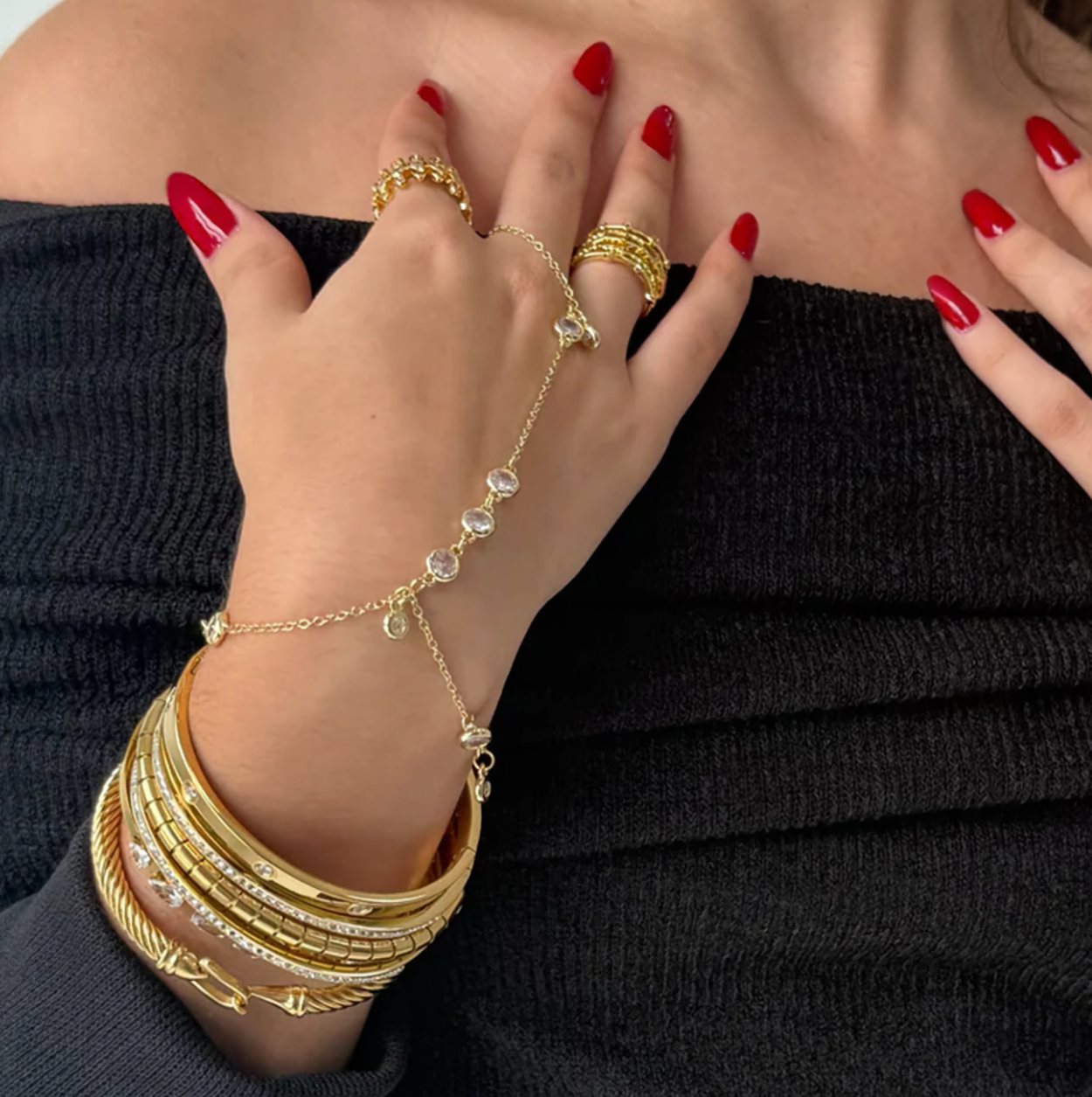 Women's Hand Chain Gold Stainless Steel with Diamond Accents