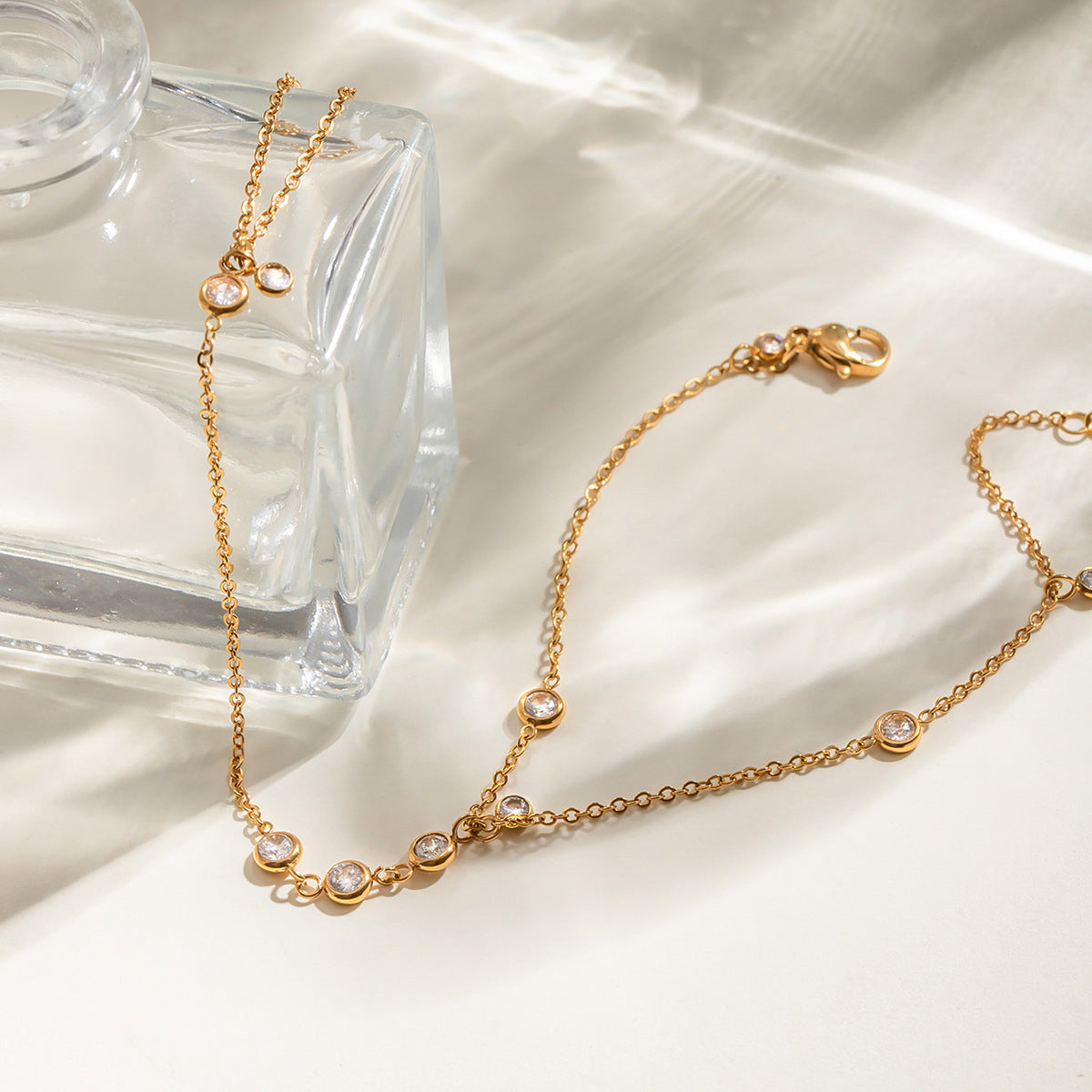 Women's Hand Chain Gold Stainless Steel with Diamond Accents