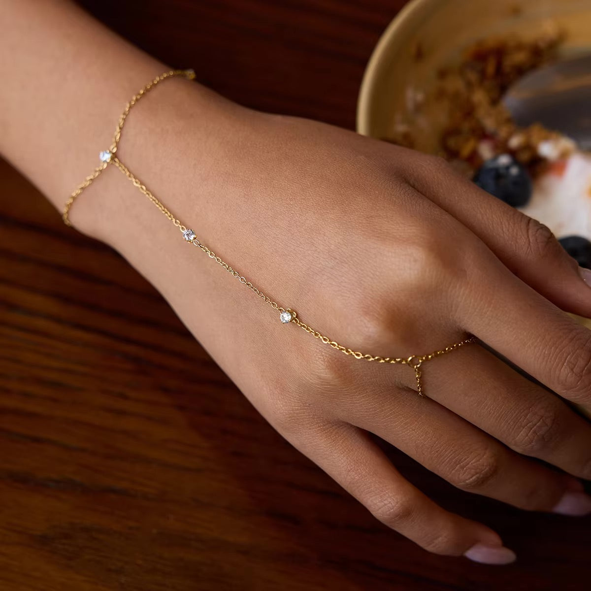 Women's Hand Chain Gold Stainless Steel with Diamond Simulants