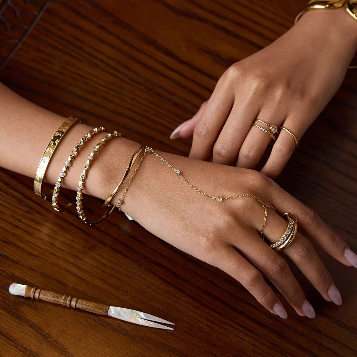 Women's Hand Chain Gold Stainless Steel with Diamond Simulants