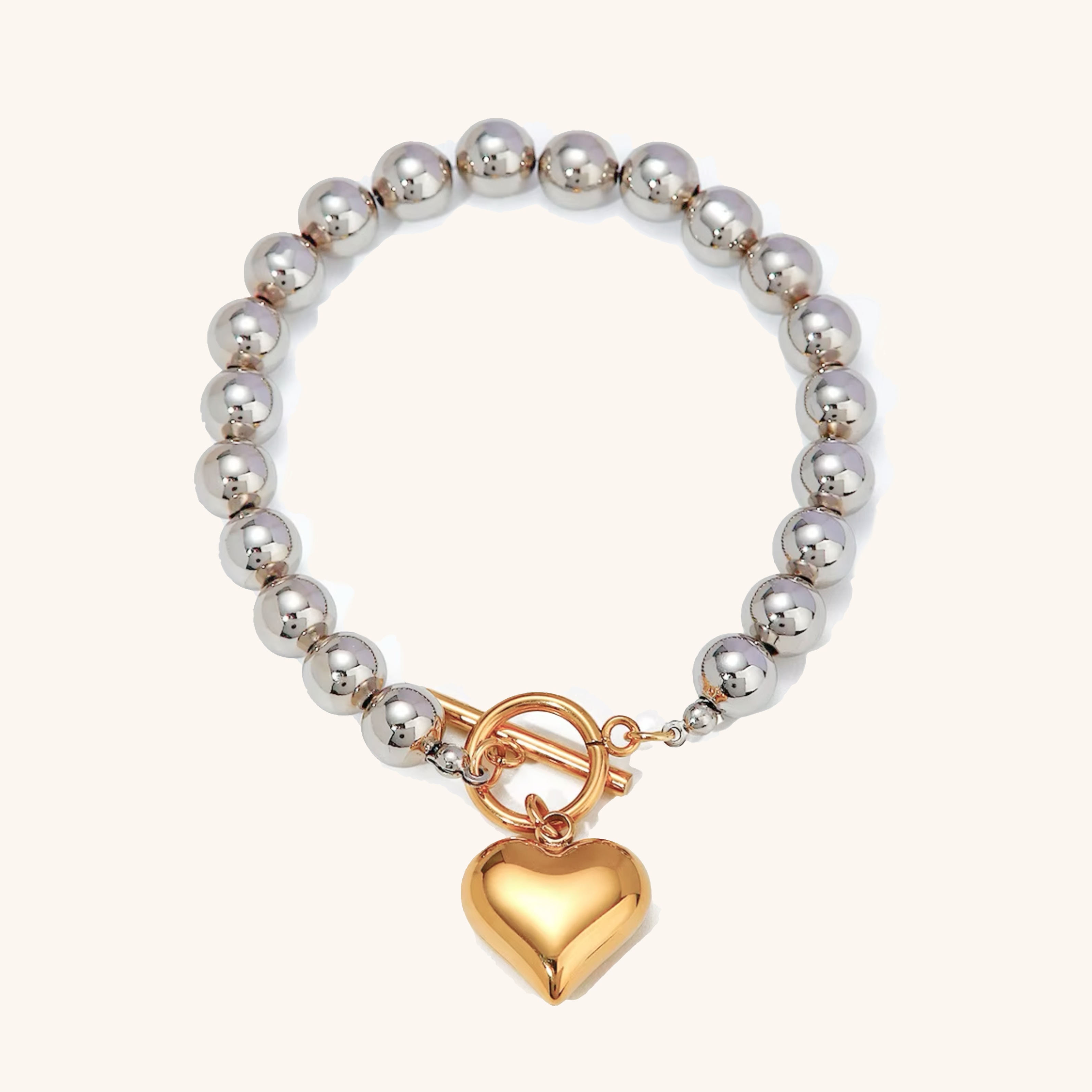 Women's Heart Bracelet Gold Stainless Steel Silver Chunky Bead