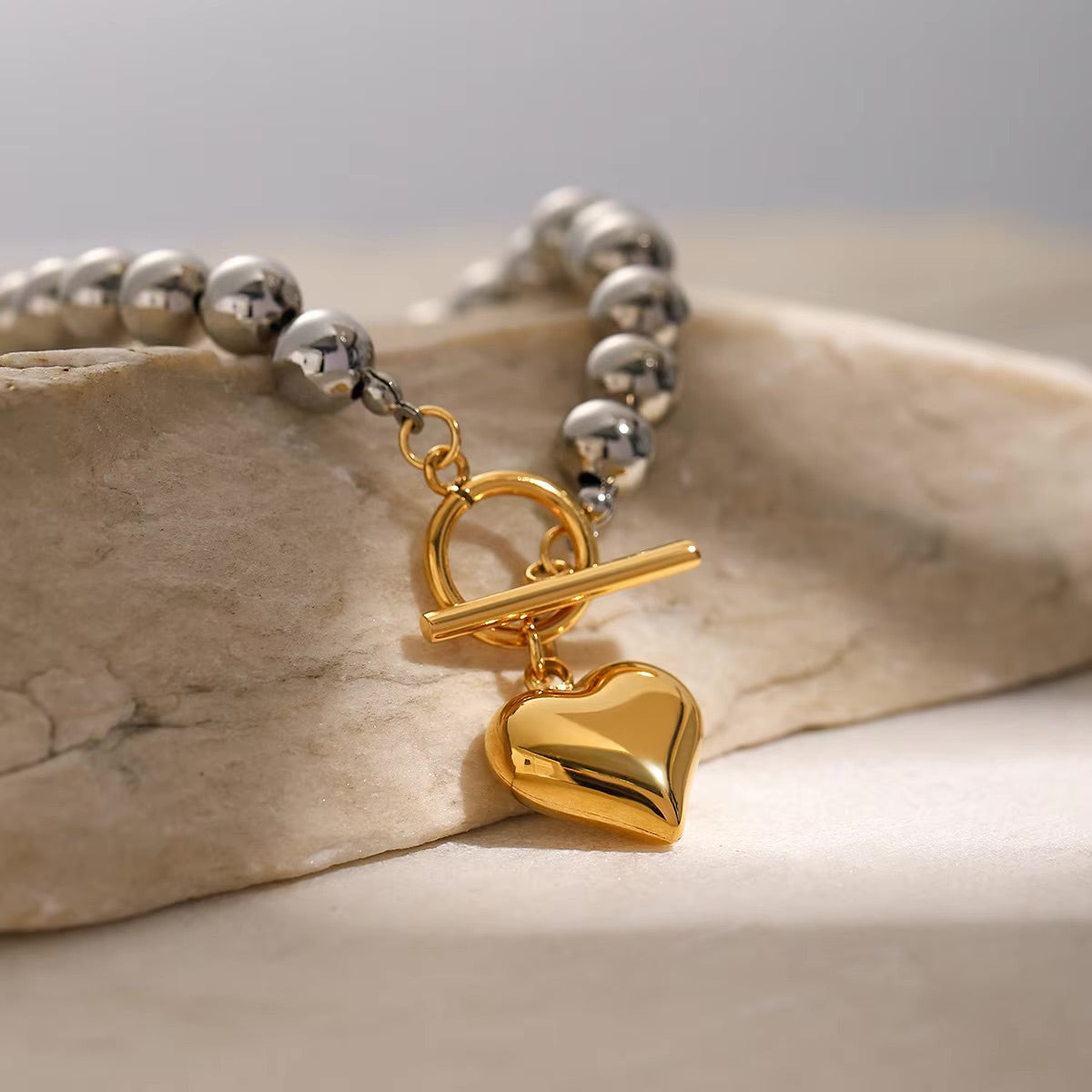 Women's Heart Bracelet Gold Stainless Steel Silver Chunky Bead