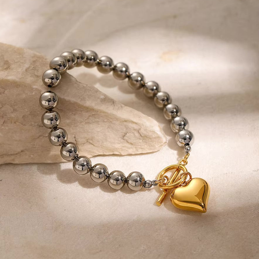 Women's Heart Bracelet Gold Stainless Steel Silver Chunky Bead