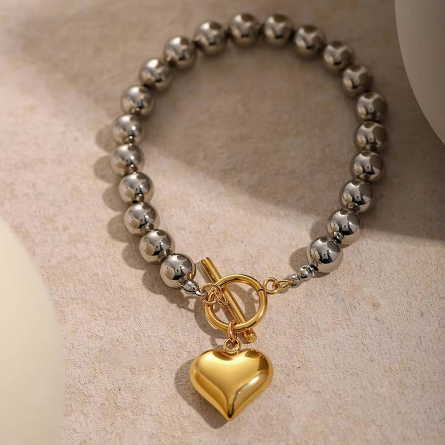 Women's Heart Bracelet Gold Stainless Steel Silver Chunky Bead