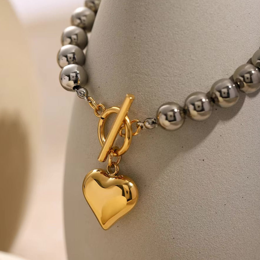 Women's Heart Bracelet Gold Stainless Steel Silver Chunky Bead