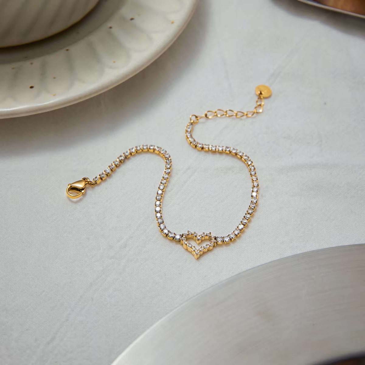 Women's Heart Bracelet Gold Stainless Steel with Diamond Simulants