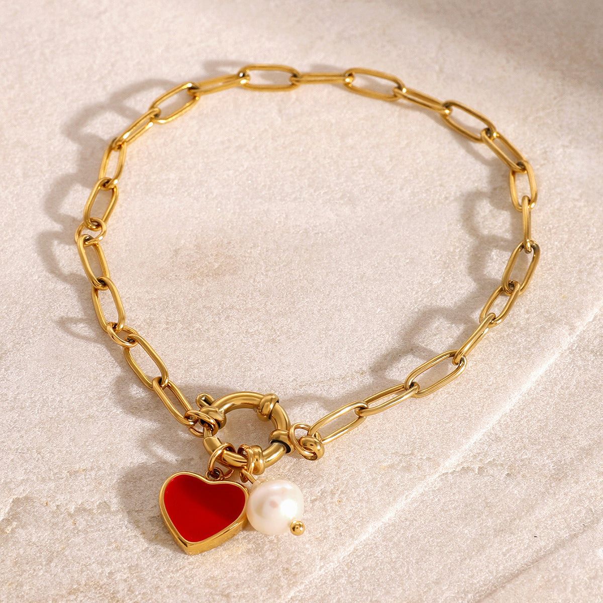 Women's Heart Charm Bracelet Gold Stainless Steel with Freshwater Pearls