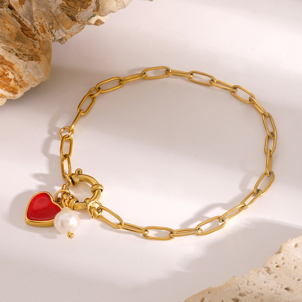 Women's Heart Charm Bracelet Gold Stainless Steel with Freshwater Pearls