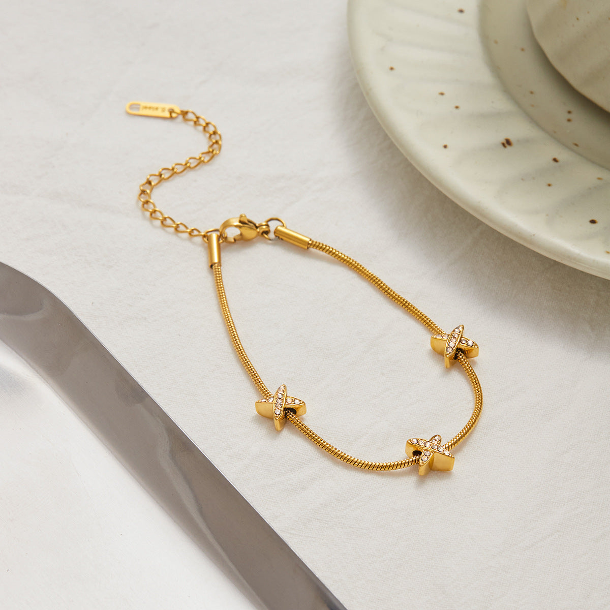 Women's Herringbone Bracelet Gold Stainless Steel with Diamond Simulants