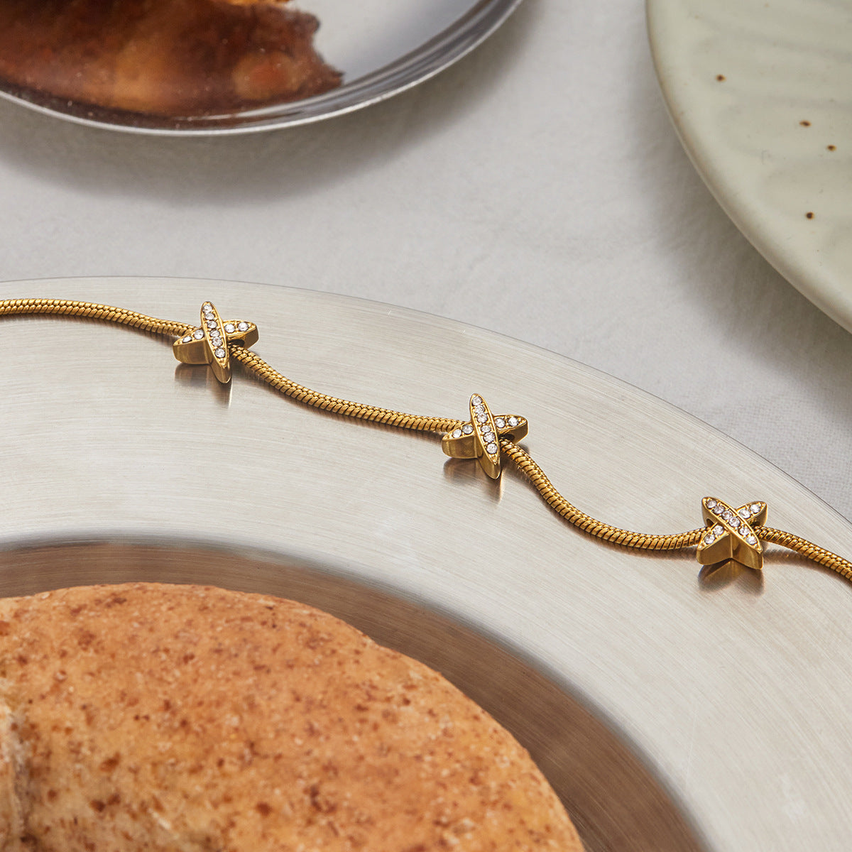 Women's Herringbone Bracelet Gold Stainless Steel with Diamond Simulants