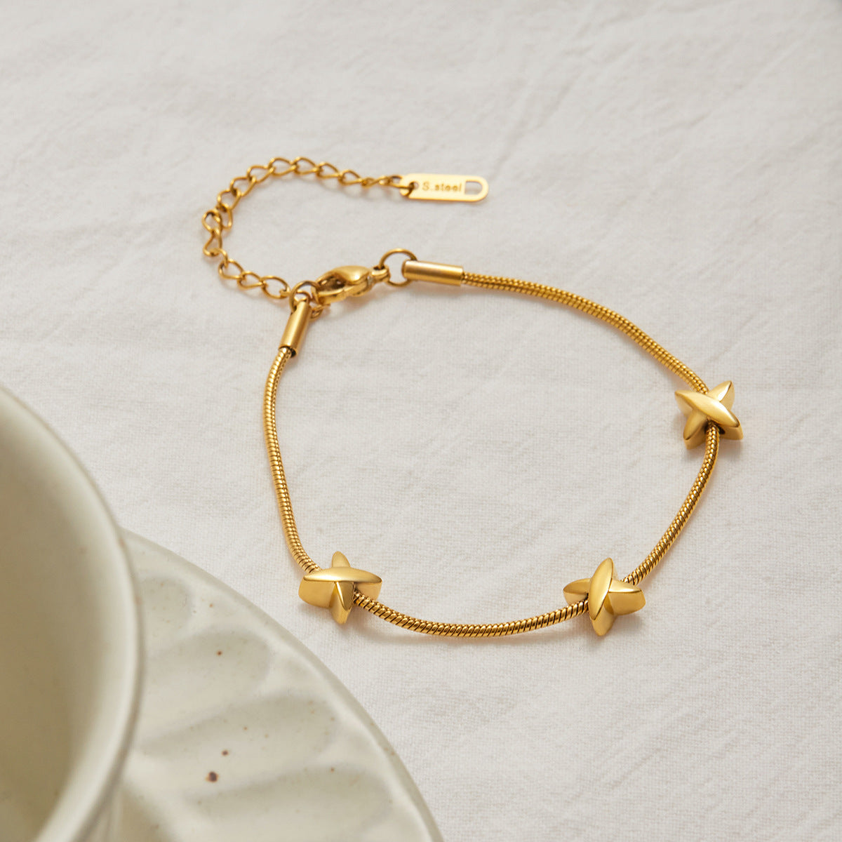 Women's Herringbone Bracelet Gold Stainless Steel with Diamond Simulants