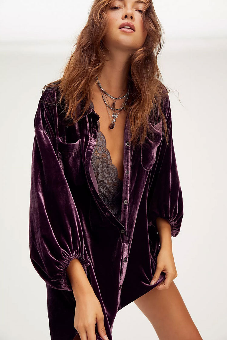 Women's High Low Dress Purple Velvet Bishop Sleeve