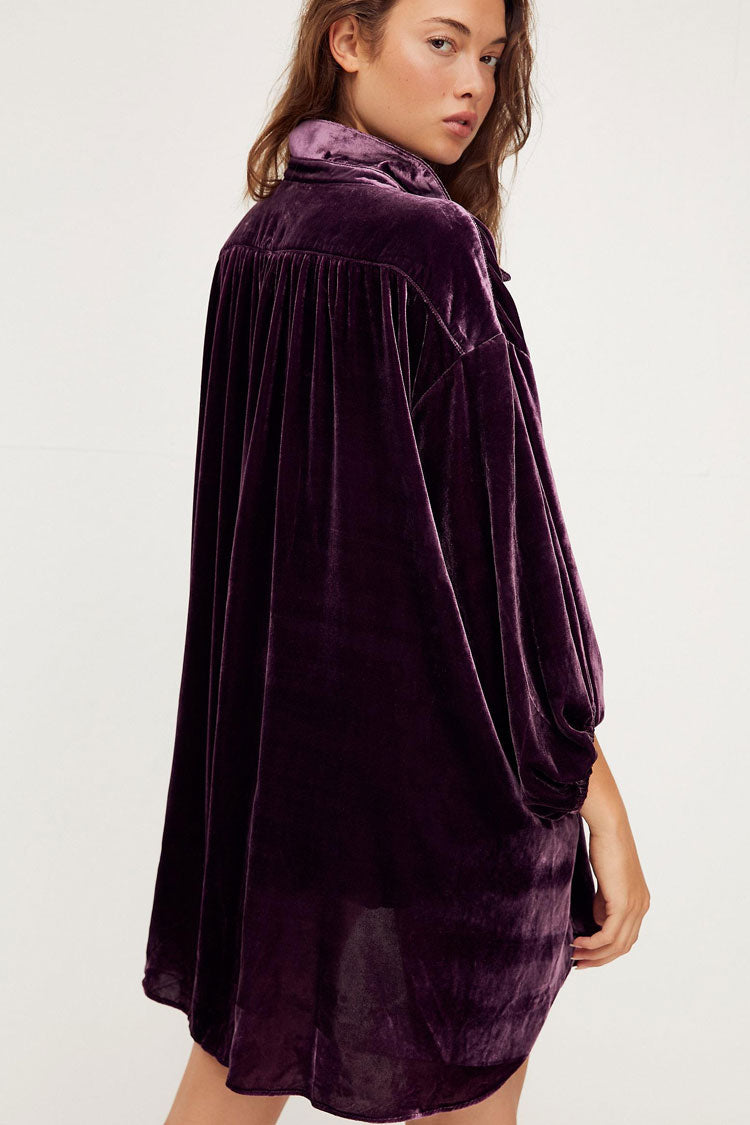Women's High Low Dress Purple Velvet Bishop Sleeve