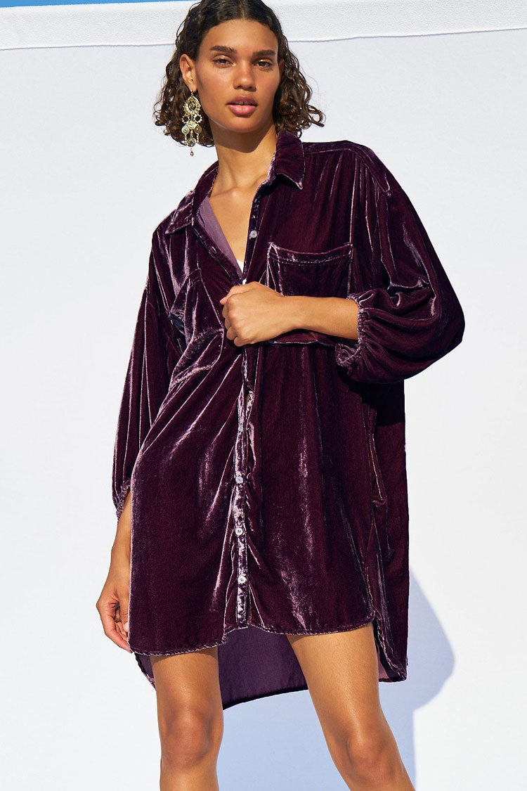 Women's High Low Dress Purple Velvet Bishop Sleeve