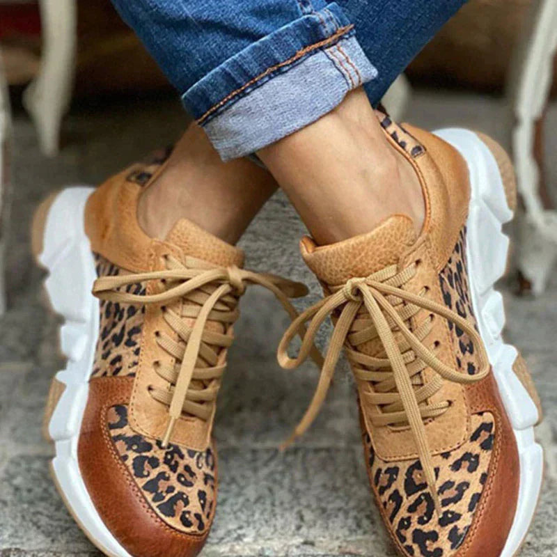 Women's Lace-Up Sneakers with Animal Print Accents and Cushioned Sole for Everyday Comfort