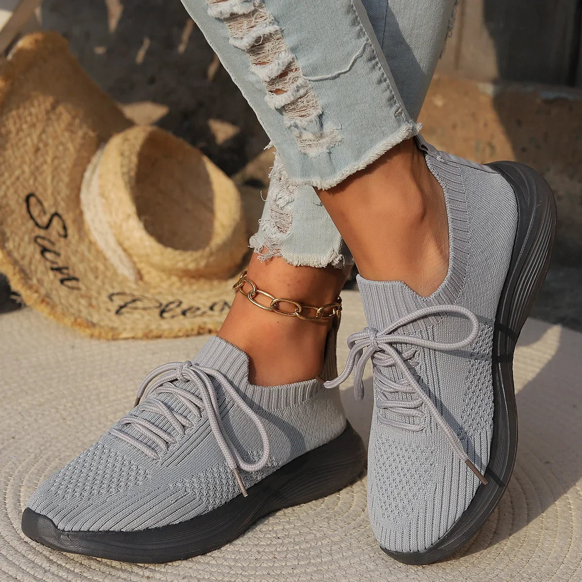 Women's Lightweight Knitted Sneakers – Slip-On Lace-Up Casual Shoes for Everyday Wear