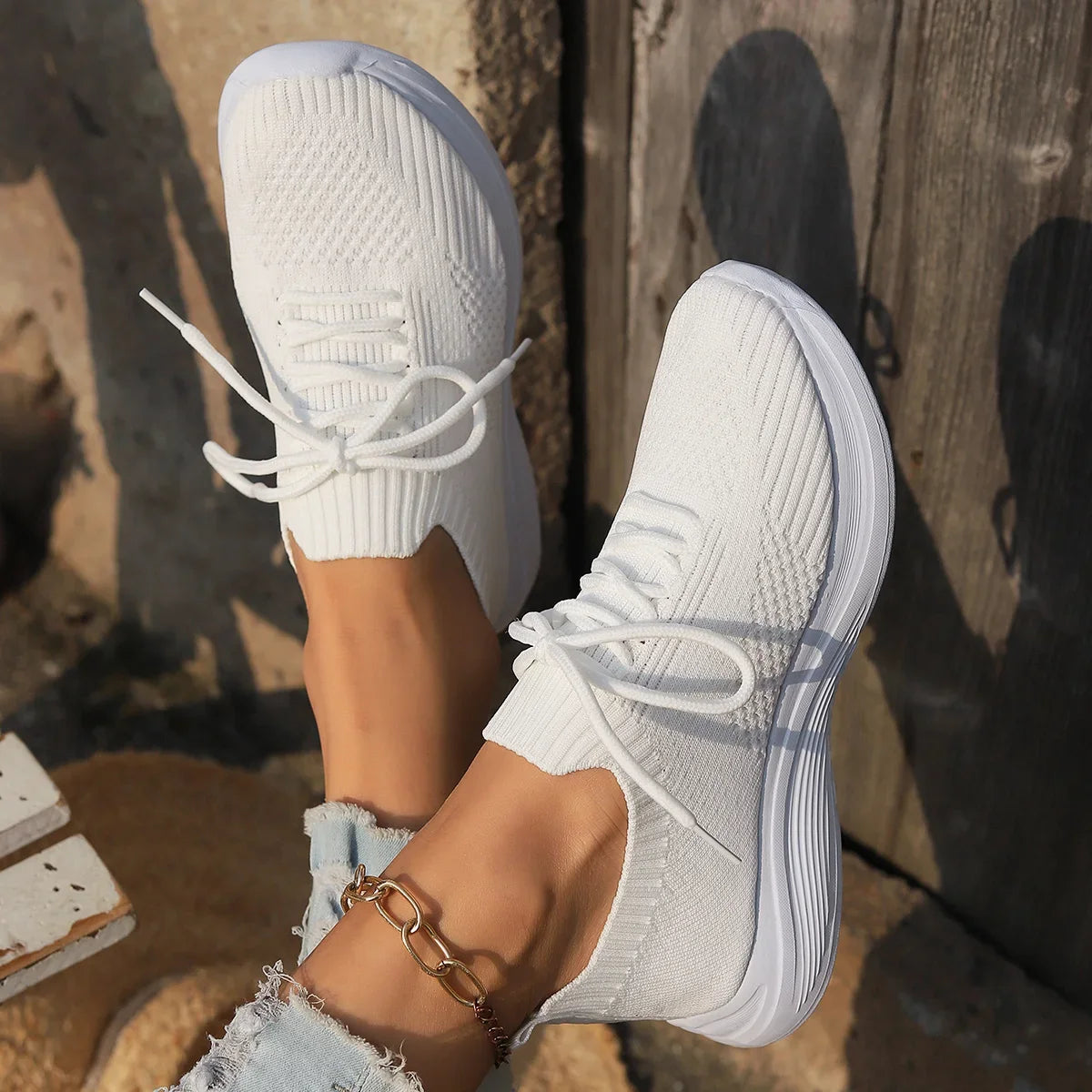 Women's Lightweight Knitted Sneakers – Slip-On Lace-Up Casual Shoes for Everyday Wear