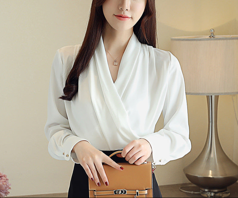 Women's Long Sleeve Pleated Blouse – Elegant Polyester Top for Summer Casual and Business Wear