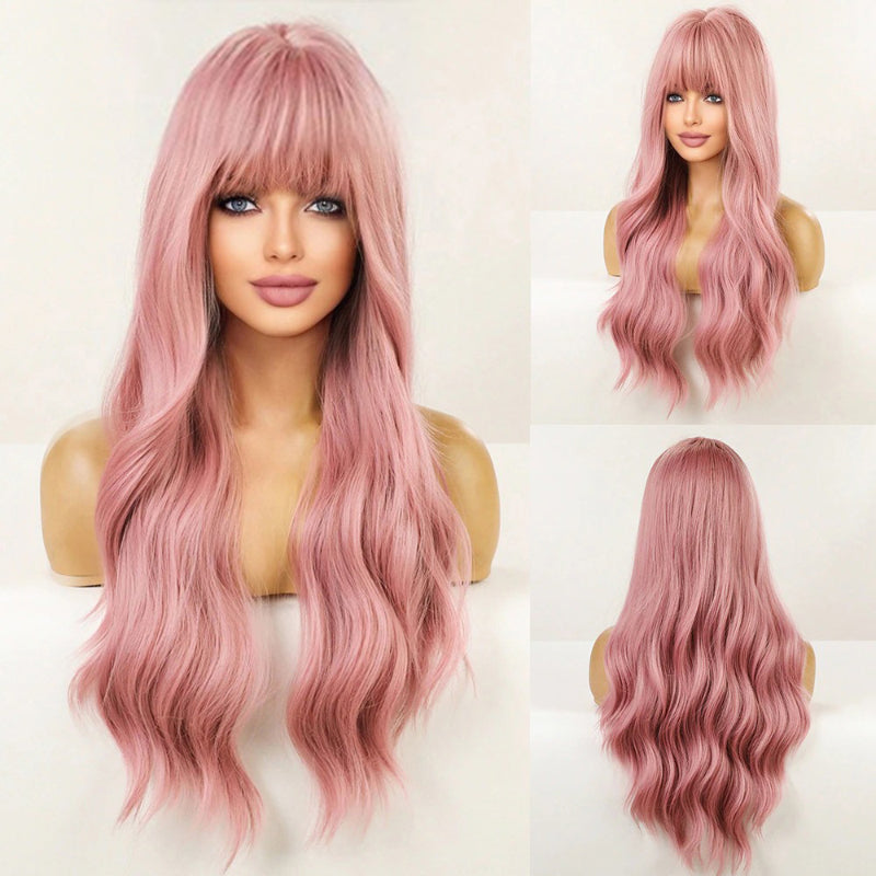 Women's Long Wavy Wig Pink High-Temperature Fiber with Bangs