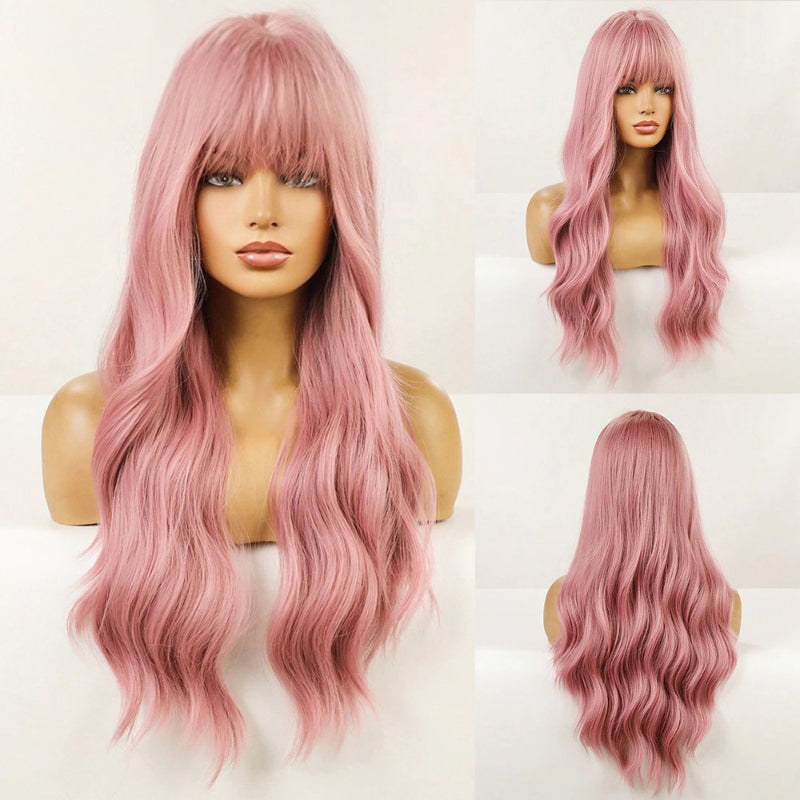 Women's Long Wavy Wig Pink High-Temperature Fiber with Bangs