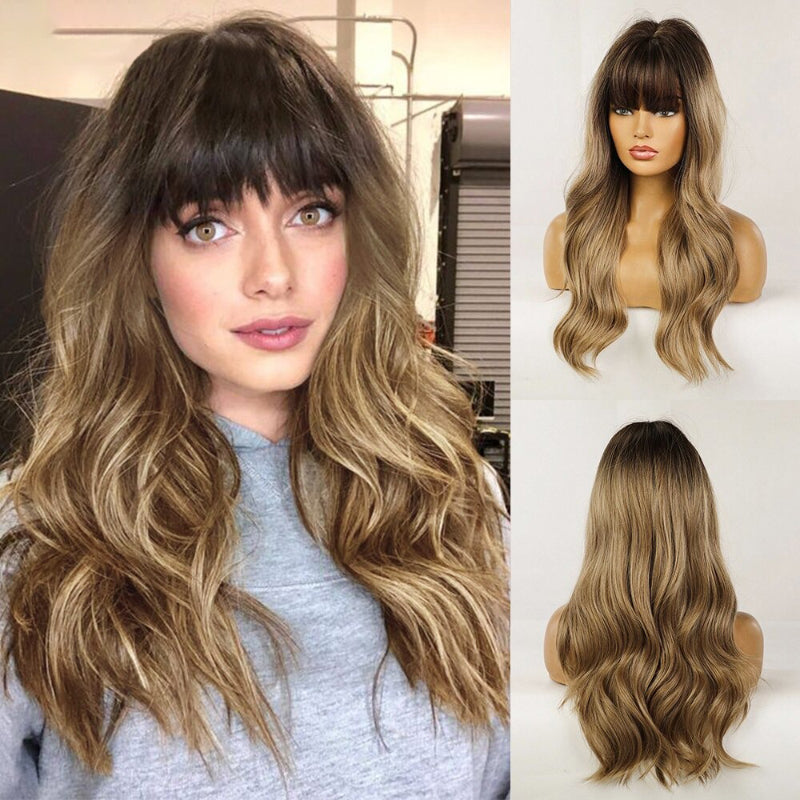 Women's Long Wavy Wig Pink High-Temperature Fiber with Bangs